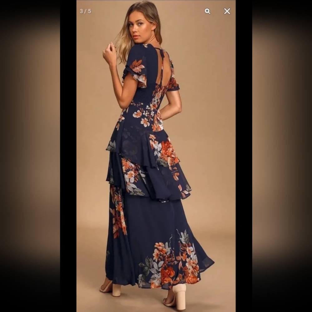 Midnight Mood Navy Blue Floral Print Tiered Maxi Dress Size XS - Picture 6 of 11